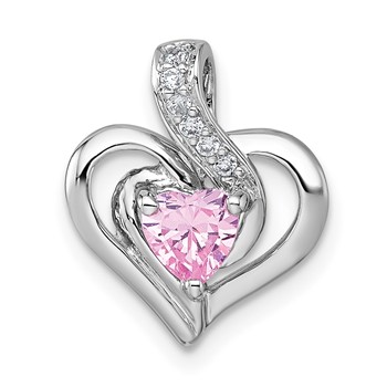 Sterling Silver Rhodium-plated Polished Pink and White Heart CZ in Open Heart Chain Slide Pendant