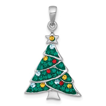 Sterling Silver Rhodium-plated Polished Green/Yellowith Red/Blue Crystal Christmas Tree Charm