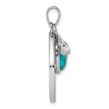 Sterling Silver Rhodium-plated Polished CZ and Compressed Turquoise Cabochon Tree of Life Pendant — alternate view