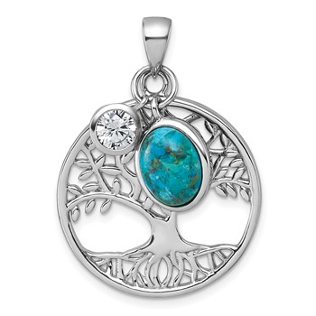 Sterling Silver Rhodium-plated Polished CZ and Compressed Turquoise Cabochon Tree of Life Pendant