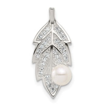 Sterling Silver Polished CZ and Acrylic Pearl on Leaf Chain Slide Pendant
