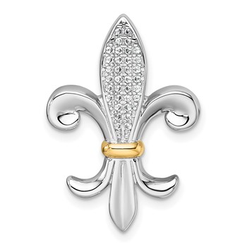 Sterling Silver Rhodium-plated with 14k Accent Polished CZ Fleur De Lis Chain Slide Pendant