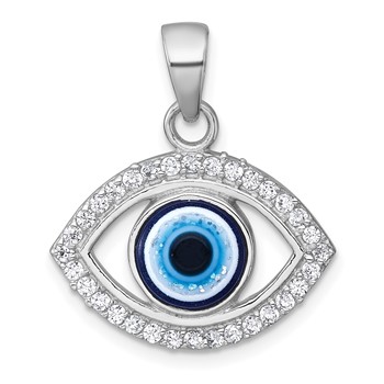 Sterling Silver Rhodium-plated Polished CZ and Glass Stone Evil Eye Pendant