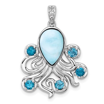 "Sterling Silver Rhodium-plated Polished Larimar, White and Blue Topaz Octopus Pendant"