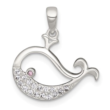 Sterling Silver Polished Pink and White CZ Cut-out Whale Pendant
