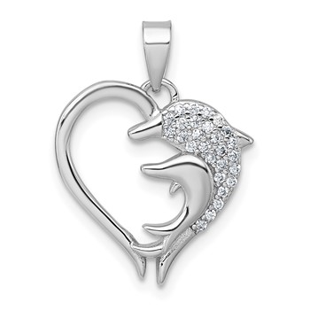 Sterling Silver Rhodium-plated Polished CZ Dolphins Heart Pendant