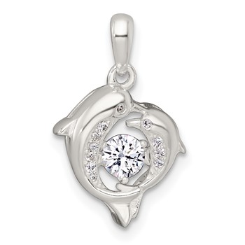 Sterling Silver Polished Vibrant Moving CZ 2-Dolphin Pendant