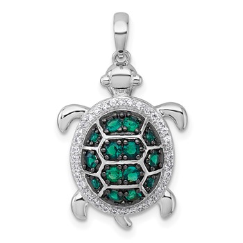 Sterling Silver White and Black Rhodium-plated White and Green CZ Turtle Pendant