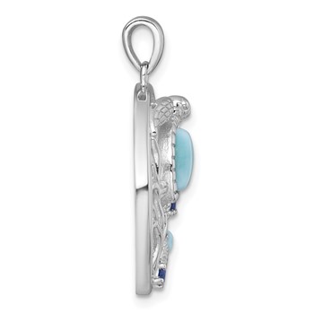 Sterling Silver Rhodium-plated Polished and Textured Larimar and Blue CZ Sealife Pendant — alternate view