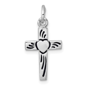 Sterling Silver Rhodium-plated Enameled Polished Heart Cross Pendant