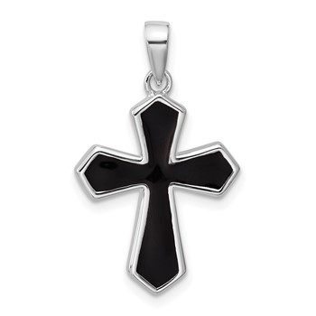 Sterling Silver Rhodium-plated Polished Black Enameled Cross Pendant