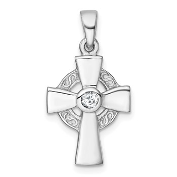 Sterling Silver Rhodium-plated Polished CZ Center Celtic Cross Pendant
