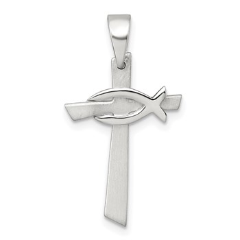 Sterling Silver Brushed Cross with Polished Ichthus Fish Pendant