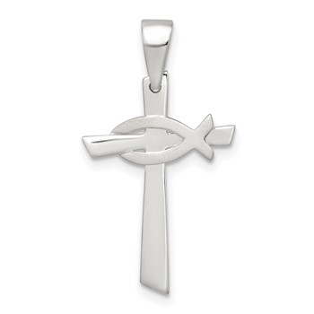 Sterling Silver Polished Cross with Brushed Ichthus Fish Pendant