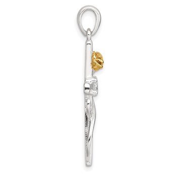 Sterling Silver E-Coat Polished Cross with CZ and Gold-tone Rose Pendant — alternate view