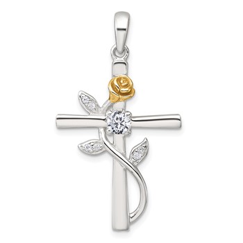 Sterling Silver E-Coat Polished Cross with CZ and Gold-tone Rose Pendant