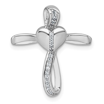 Sterling Silver Rhodium-plated Polished CZ Heart Cross Chain Slide Pendant