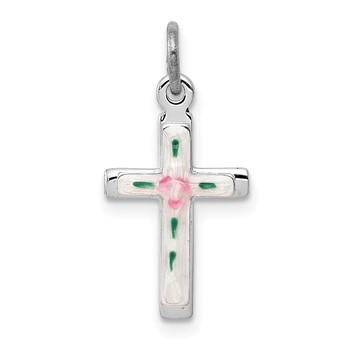 Sterling Silver Platinum-plated Enameled Cross Charm