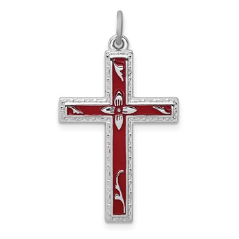 Sterling Silver Platinum-plated Red Enameled Cross Pendant