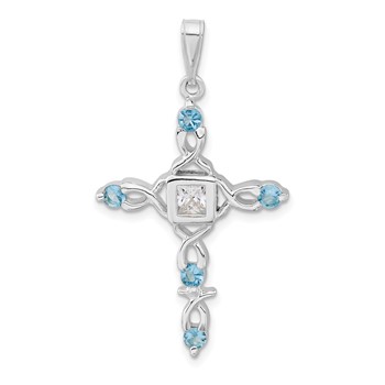 Sterling Silver Polished Blue & Clear CZ Fancy Cross Pendant
