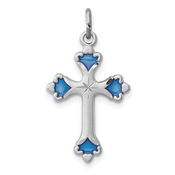 Sterling Silver Platinum-plated Blue Enameled Budded Cross Charm