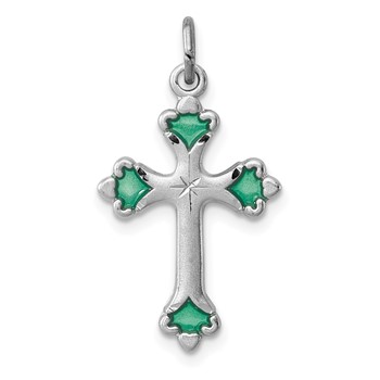 Sterling Silver Platinum-plated Green Enameled Budded Cross Charm