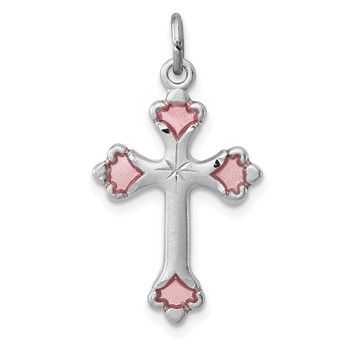 Sterling Silver Platinum-plated Pink Enameled Budded Cross Charm