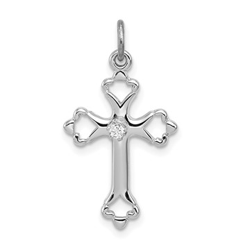 Sterling Silver Platinum-plated Budded Cross w/CZ Charm