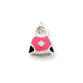 Sterling Silver CZ Black and Pink Enameled Purse Charm
