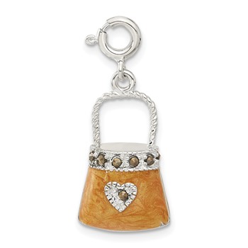 Sterling Silver 3D Orange Enameled Marcasite Heart Purse Charm