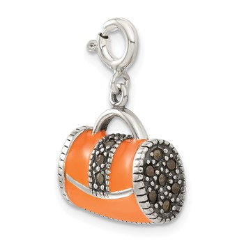 Sterling Silver 3D Orange Enameled Marasite Purse Charm