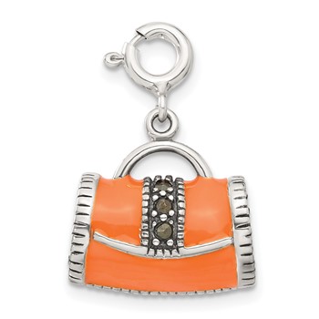 Sterling Silver 3D Orange Enameled Marasite Purse Charm — alternate view