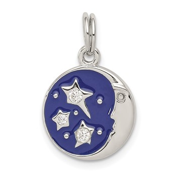 Sterling Silver Rhodium-plated Enameled and CZ Moon and Star Charm