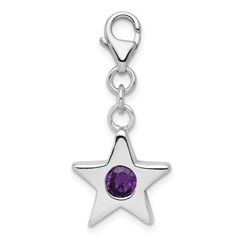 Sterling Silver Rhodium-plated February CZ Birthstone Star Charm