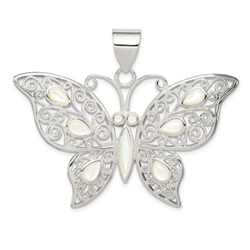 Sterling Silver Filigree Fancy Mother of Pearl Butterfly Pendant