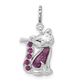 Sterling Silver Purple Enamel & Crystal Cat w/ Spring Ring Clasp Charm