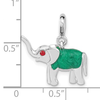 Sterling Silver 3-D Red CZ & Green Enameled Elephant Charm — alternate view