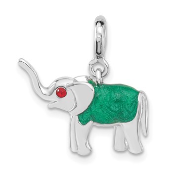 Sterling Silver 3-D Red CZ & Green Enameled Elephant Charm
