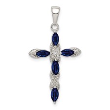 Image of Sterling Silver Rhodium-plated Sapphire and Diamond Cross Pendant