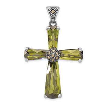 Sterling Silver Polished & Antiqued Green CZ & Marcasite Cross Pendant