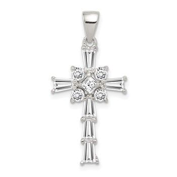 Sterling Silver Rhodium Plated CZ Latin Cross Pendant