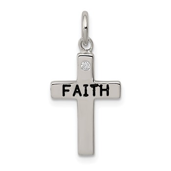 Sterling Silver Rhodium-plated Black Ink FAITH and CZ Antiqued Cross Charm