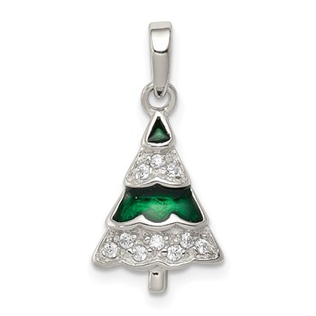 Sterling Silver Rhodium-plated CZ and Enameled Christmas Tree Pendant