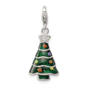 Sterling Silver RH-plated CZ and Enameled Christmas Tree Charm