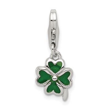 Sterling Silver Green Enameled Four Leaf Clover Charm with Lobster Clasp