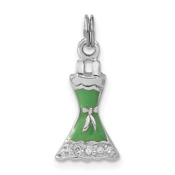 Sterling Silver Polished CZ & Green Enameled Dress Charm