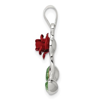 Sterling Silver Red Enamel w/Green CZ Rose Charm — alternate view