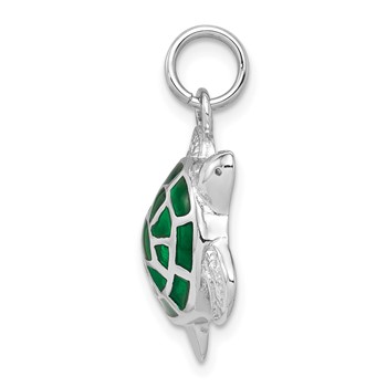 Sterling Silver Rhodium-plated Green Enamel Polished Turtle Charm — alternate view