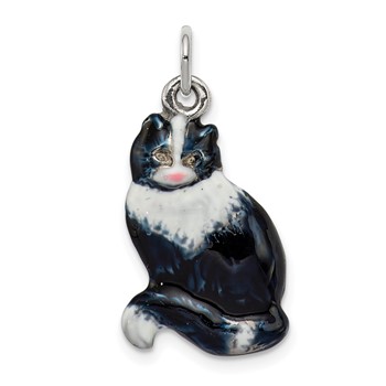 Silver Enamel Black & White Cat Charm