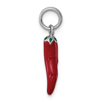 Sterling Silver Rhodium Plated Red Enamel with Green Enamel Accent Pepper Charm — alternate view